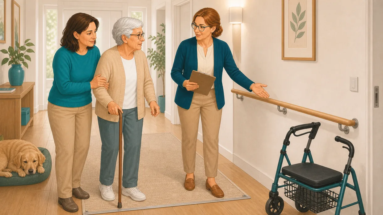 Pflegeberaterin zeigt einer Seniorin und ihrer Tochter einen Haltegriff im Flur, daneben ein Rollator