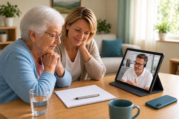 Eine ältere Frau und eine Angehörige nehmen gemeinsam an einem Videoanruf über ein Tablet teil.