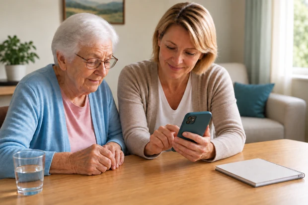 Eine ältere Frau und eine Angehörige betrachten gemeinsam ein Smartphone.