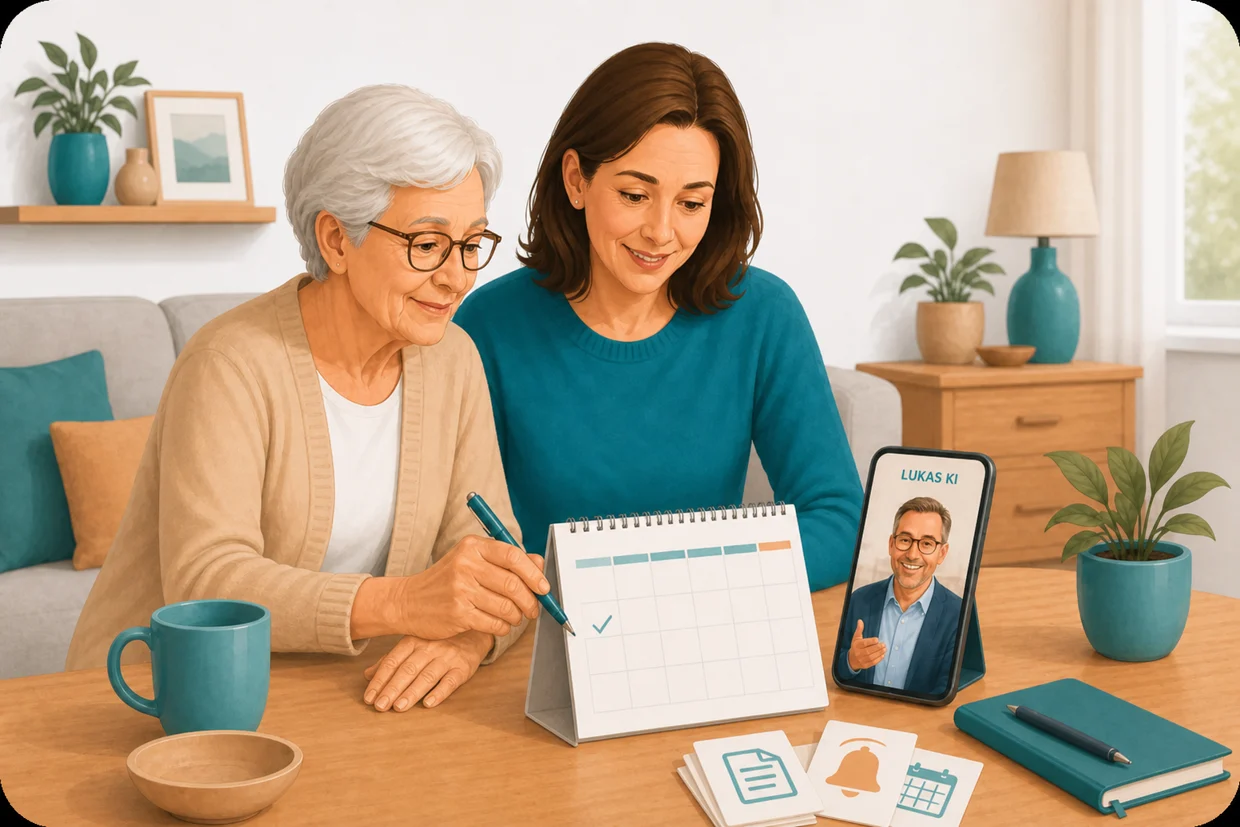 Eine ältere Frau und ihre Tochter markieren gemeinsam einen Termin im Kalender, daneben ein Smartphone mit Lukas KI.
