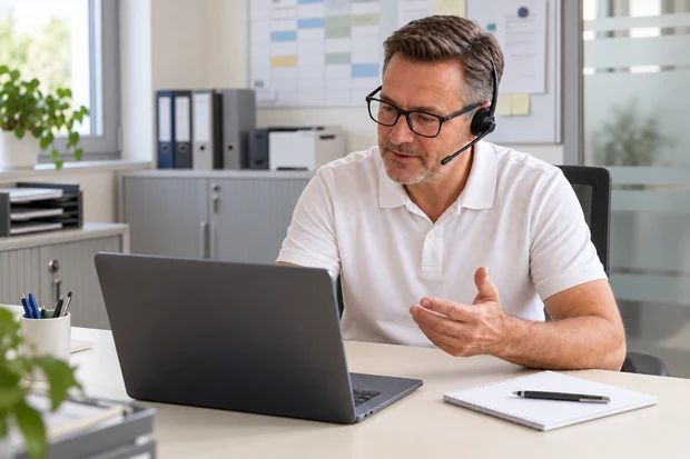 Ein Berater mit Headset führt im Pflegedienstbüro ein Videogespräch an einem Laptop.