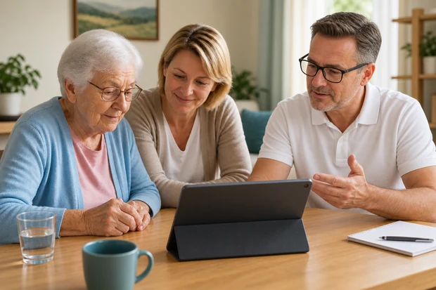 Eine ältere Frau, eine Angehörige und ein Berater besprechen gemeinsam Informationen auf einem Tablet.