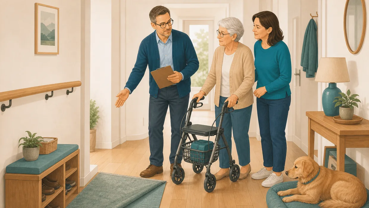 Pflegeberater bespricht mit einer Seniorin am Rollator und ihrer Tochter die Sicherheit im Wohnungsflur