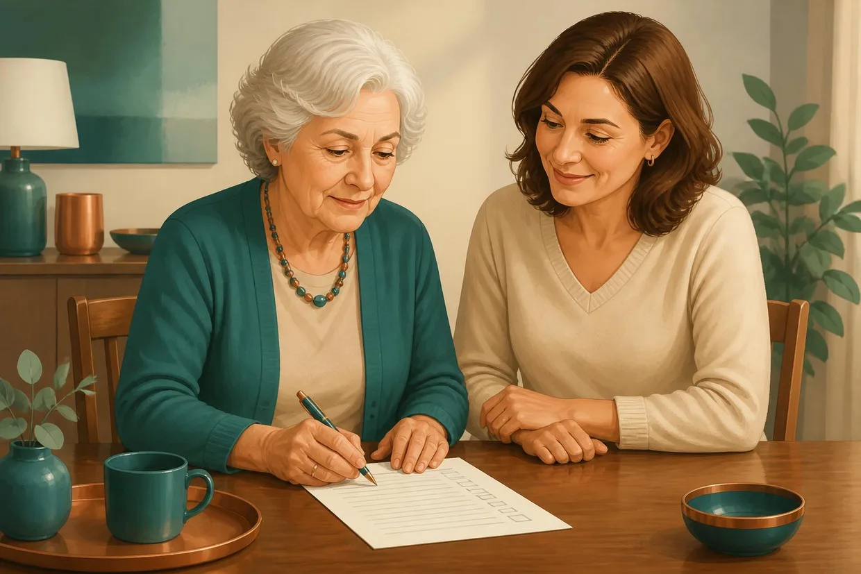 Eine Seniorin und eine Angehörige bereiten gemeinsam den Pflegegrad-Antrag vor.
