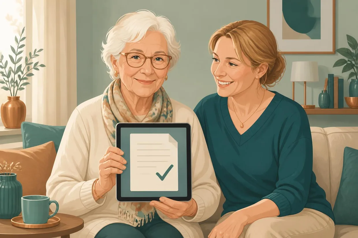 Eine Seniorin erhält ihren geprüften Pflegegrad-Antrag digital zurück.