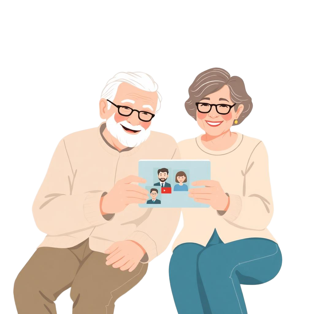 Illustration: Älteres Ehepaar sitzt gemeinsam mit einem Tablet und führt eine Videoberatung.