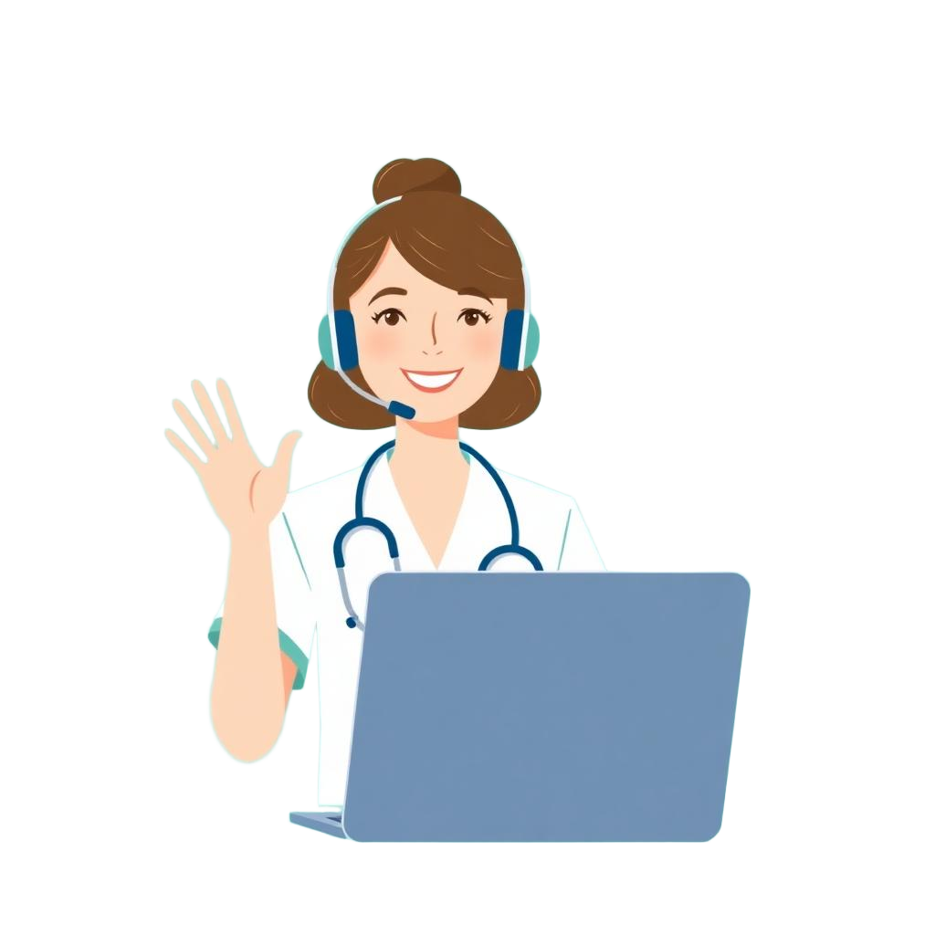 Illustration: Examinierte Pflegeberaterin mit Headset am Bildschirm während einer Videoberatung.
