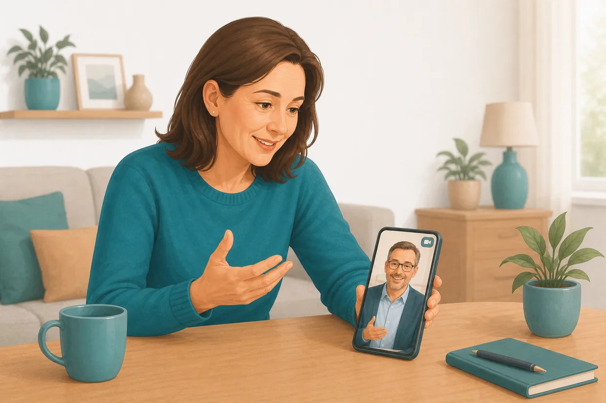Eine Angehörige spricht über ihr Smartphone mit dem digitalen Pflegeberater von Lukas KI.