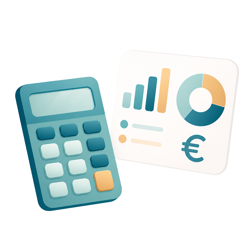 Illustration: Taschenrechner mit Budgetübersicht und Diagrammen.