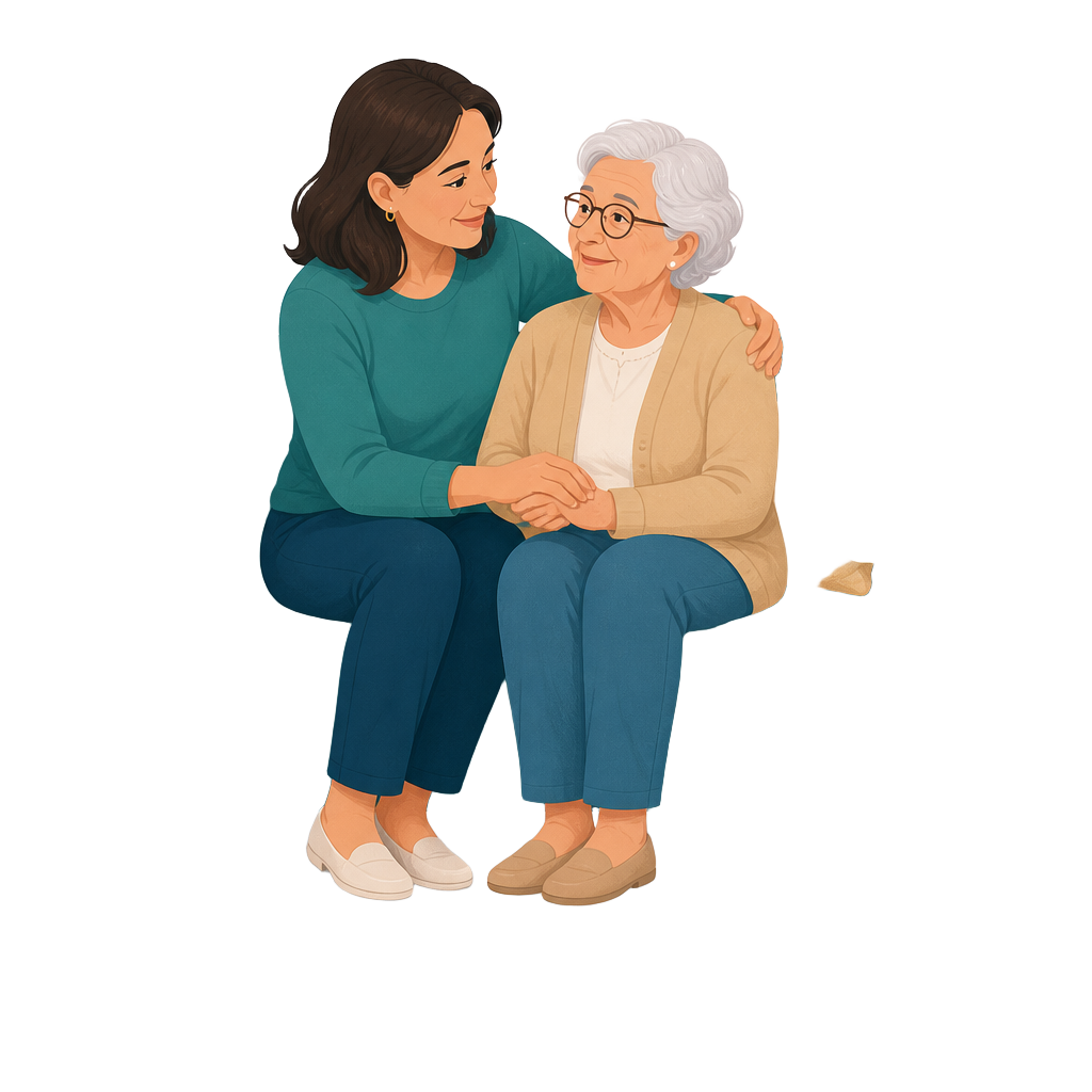 Illustration: Tochter unterstützt ihre pflegebedürftige Mutter zu Hause.