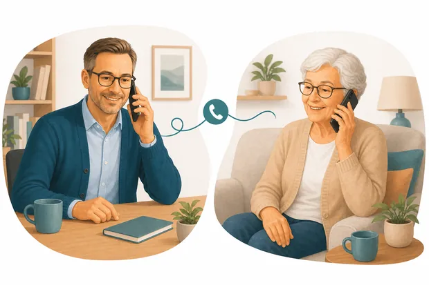 Ein Pflegeberater telefoniert am Schreibtisch mit einer älteren Frau, die zu Hause im Sessel sitzt.
