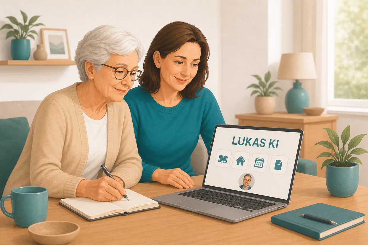 Mutter und Tochter informieren sich gemeinsam im digitalen Ratgeber von Lukas KI.