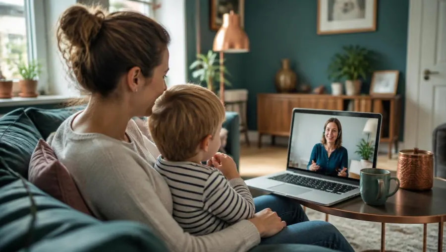 Mutter mit Kind auf dem Sofa im Videogespräch mit einer Pflegeberaterin am Laptop