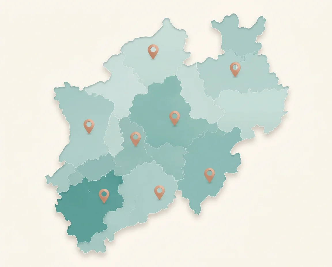 Stilisierte Karte von Nordrhein-Westfalen mit den fünf Regionen Münsterland, Ostwestfalen-Lippe, Niederrhein und Ruhrgebiet, Sauerland und Südwestfalen sowie Rheinland und Eifel.